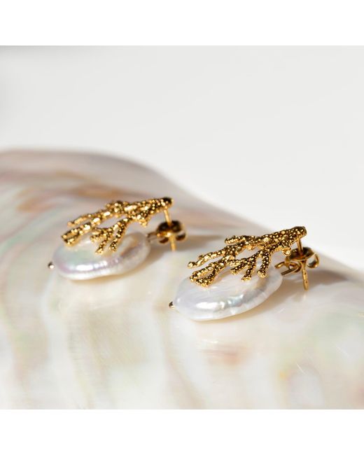 Oana Savu Metallic Coral Branch Earrings Freshwater Pearls Wedding Bridal Ear Studs