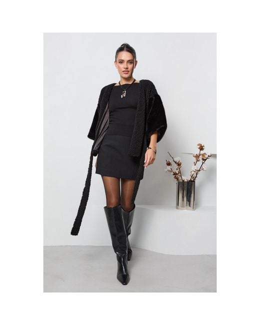 Saachi Black Fur Tie Front Short Kimono