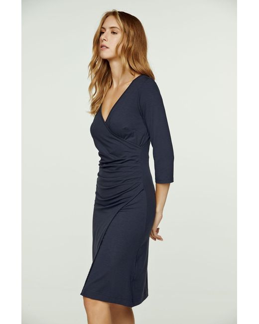 Conquista Blue Navy Faux Wrap Dress In Sustainable Fabric