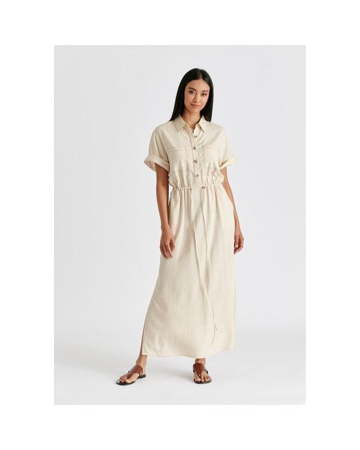 Paisie Natural Neutrals Linen Blend Shirt Dress With Stitch Details