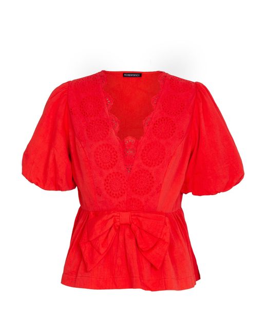 Rose & Nancy Red Haillie Coral Lace Trim Bow Blouse