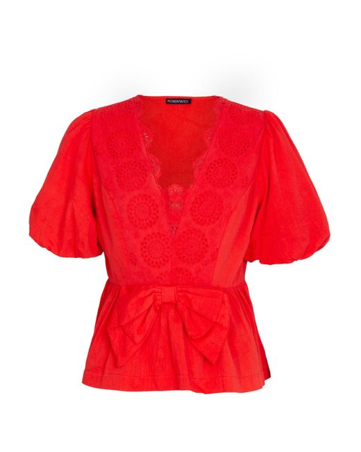 Rose & Nancy Red Haillie Coral Lace Trim Bow Blouse