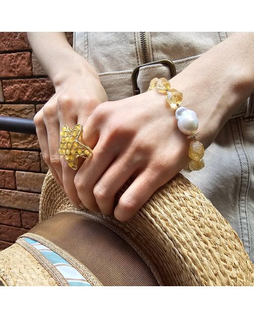 Farra Metallic Faceted Citrine With Baroque Pearl Adjustable Bracelet