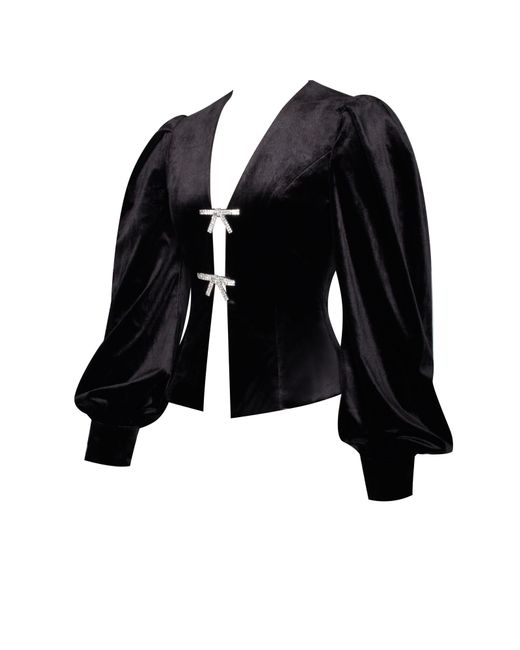 Miss Circle New York Black Krista Velvet Lantern Sleeve Top With Crystal Bow