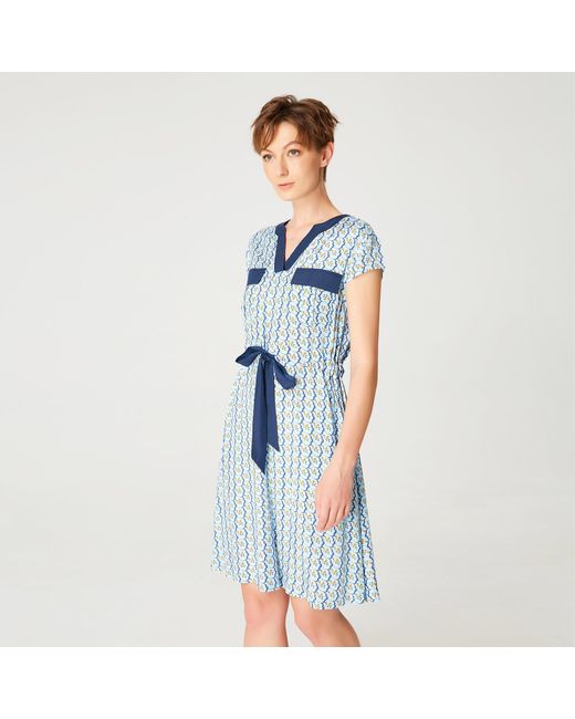 Smart and Joy Blue Tunic Dress With Drawstring Belt And Geometric Print