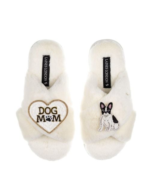 Laines London Metallic Neutrals Classic Slippers With Dog Mum/Mom & Sitting French Bulldog Brooches
