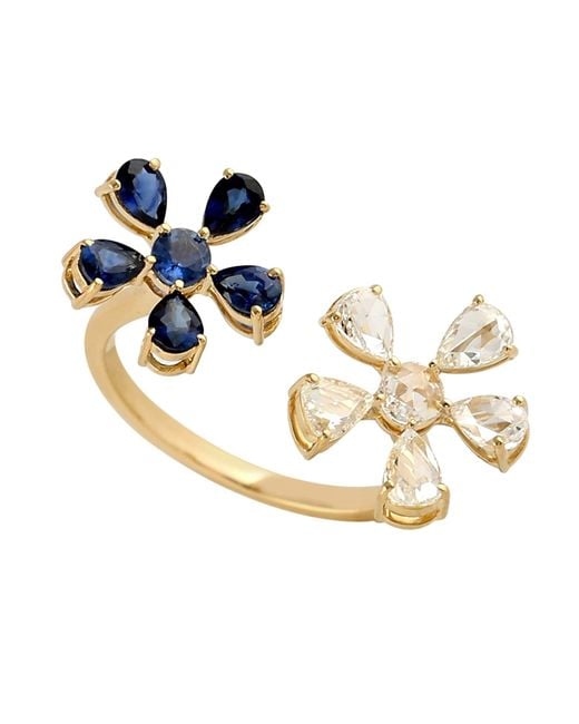 Artisan Metallic Pear Cut Natural Blue Sapphire & Rose Cut Diamond In 18k Yellow Gold Bypass Ring