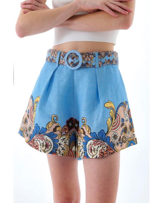 We Are Kindred Blue Evelyn Linen Belt Shorts-Aquamarine Floral