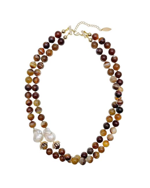 Farra Metallic Agate With Baroque Pearls Double Layers Necklace