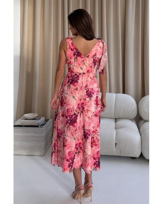 Girl In Mind Pink Beverly Floral Tie Shoulder Midi Dress
