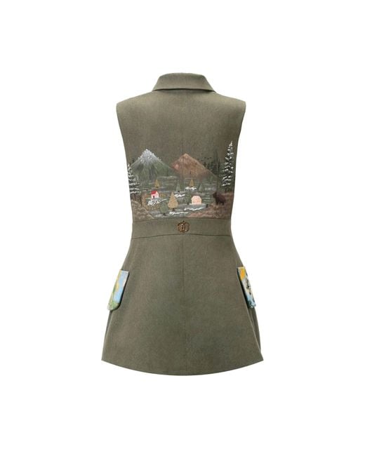 Rondooz Green Hand Painted Denim Mini Dress With Antique French Gobelin Tapestry & Hand Applied Embellishmen