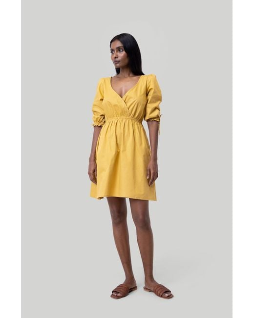 REISTOR Yellow Gathered Elbow Sleeve Short Cotton Dress