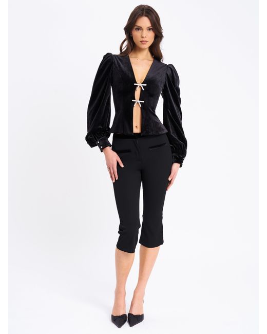 Miss Circle New York Black Krista Velvet Lantern Sleeve Top With Crystal Bow