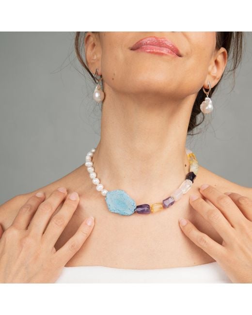 Silver Moon Blue Sterling Necklace With Pearls And Natural Gemstones