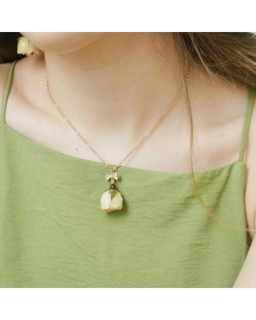 I'MMANY LONDON Metallic Real Flower Rosa Brillante Rosebud Pendant Chain Necklace With Crystal Bow