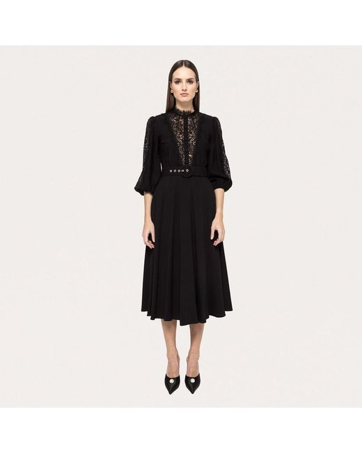 Nissa Black Lace-Insert Viscose Midi Dress