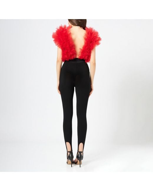 LIA ARAM Red Signature Ruffled Tulle Bodysuit