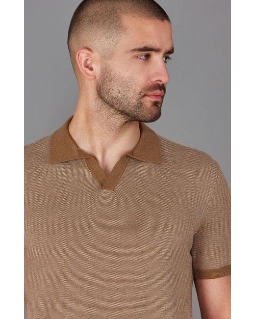 Paul James Knitwear Brown Mens Lightweight Cotton Giovanni Honeycomb Buttonless Polo Shirt for men