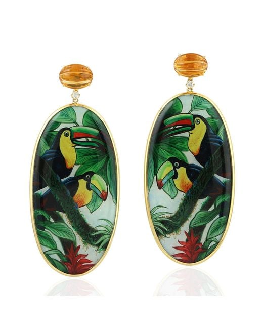 Artisan Green Bakelite Motif Drop Earrings With Citrine & Diamond