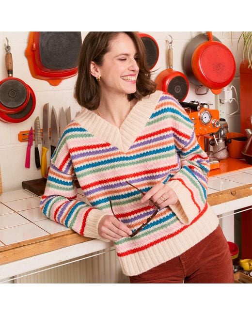 Cara & The Sky Red Jasmine Wide Sleeve V Neck Striped Jumper