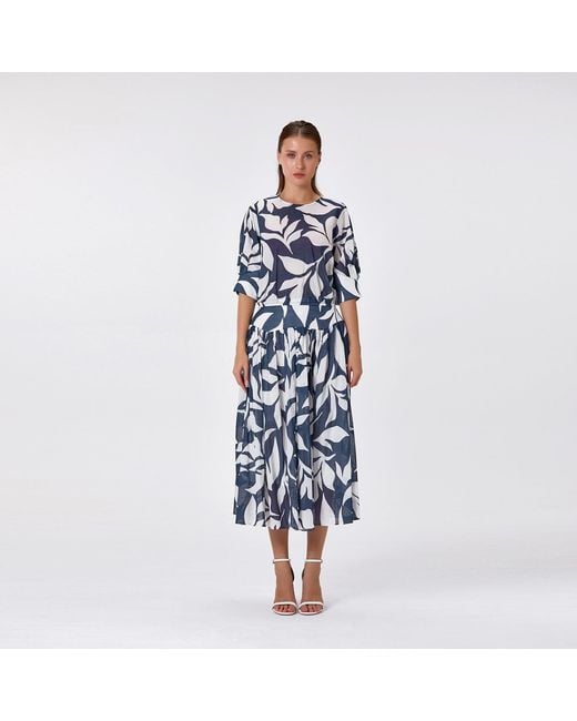 Smart and Joy Blue Midi Cotton Skirt With Leaf Print