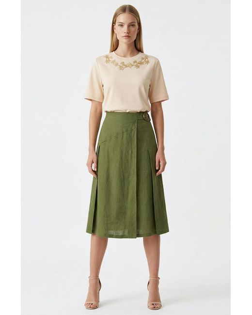 Exquise Green Burnice Buckle Detail Linen Midi Skirt