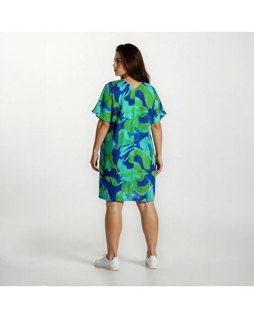 Haris Cotton Blue Printed Linen Notched Neckline Dress With Batwing Sleeve Lagoon