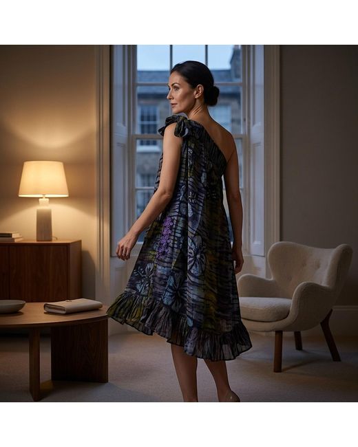 Nyny Ryke Multicolor Wilma S, One-Shoulder Batik Midi Dress Floral Cotton Summer Dress