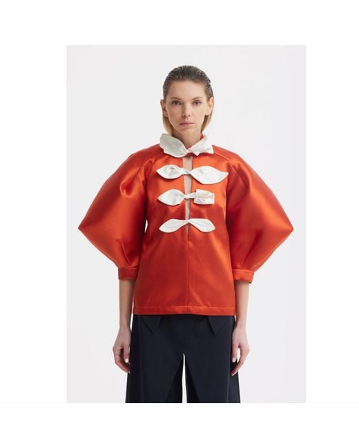 Julia Allert Orange Taffeta Deep V-Neck Blouse With Satin Floral Detail – Terracotta