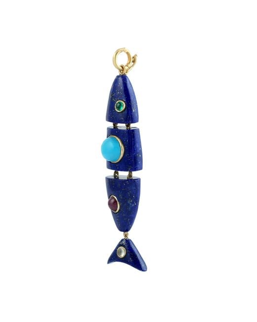 Artisan Blue 14K Lapis Lazuli Fish Pendant With, Emerald, Ruby & Moonstone