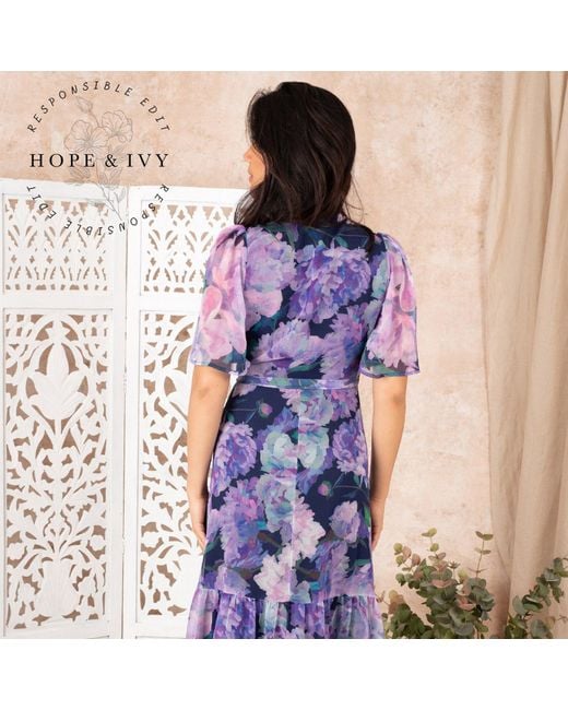 Hope & Ivy Purple The Adele Flutter Sleeve Maxi Wrap Dress With Tie Waist