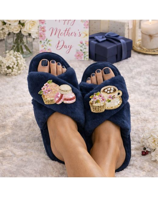 Laines London Blue Classic Laines Slippers With Mother's Day Macaroon Brooches