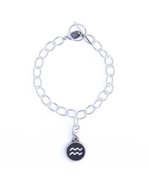 N'damus London White Aquarius Zodiac Sterling & Leather Curb Bracelet