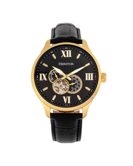 Heritor Metallic Harding Semi-skeleton Leather-band Watch With 24-hour Sub-dial for men