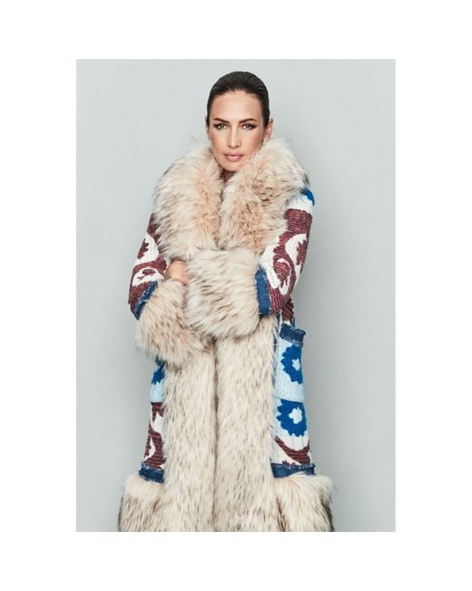 The Extreme Collection Blue Neutrals Alpaca Merino Wool Long Coat With Vegan Fur Details Figaro