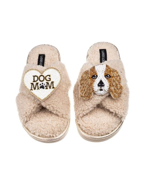 Laines London Metallic Neutrals Laines Neutral Boucle Slippers With Lady The King Charles & Dog Mum/Mom Brooches
