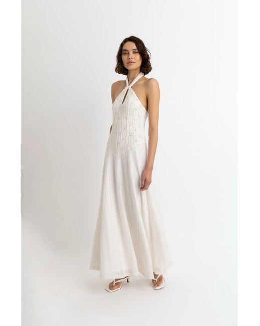 Amy Lynn White Gaia Cream Crochet Halterneck Maxi Dress