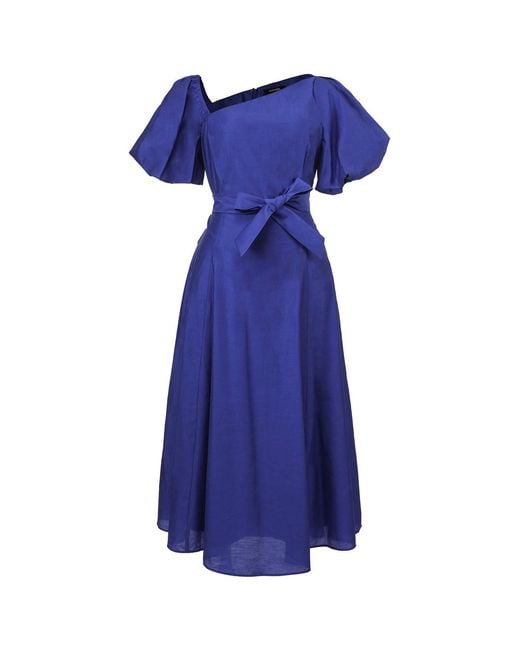 Smart and Joy Blue Fit-And-Flare Asymmetric Collar Dress