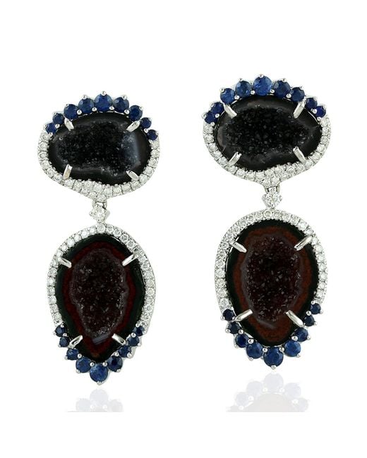 Artisan Black Gemstone Dangle Earrings Prong Set Geode Diamond 18k White Gold