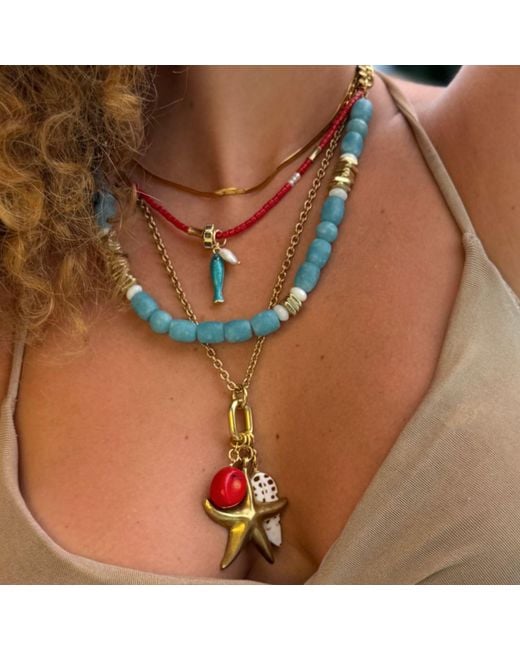 Rachel Nathan Blue Aqua Stone & Mother Of Pearl Curb Necklace