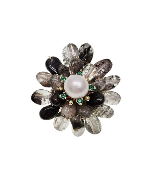 Farra Black Phantom Quartz Floral Brooch
