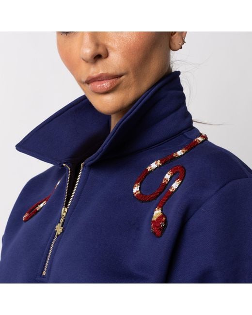 Laines London Blue Laines Couture Navy Quarter Zip Sweatshirt With Embellished Red Wrap Around Snake