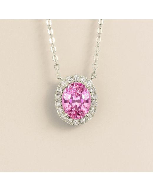 Juvetti Pink Mina Oval Sapphire & Diamond Halo Necklace
