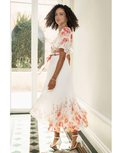 Yumi' Pink Mirror Floral Design Pleated Midi Dress