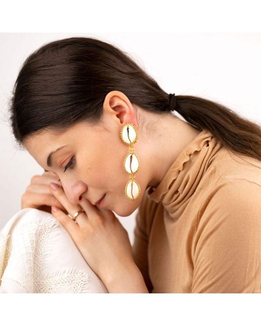 Oana Savu Metallic Sea Shells & Glass Beads Long Statement Earrings