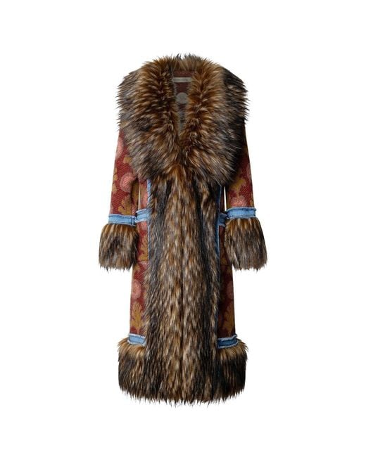 The Extreme Collection Brown Multicolour Long Knit Coat With Faux Fur Piper