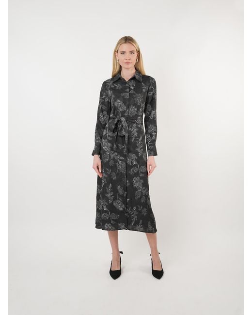 John Abgin Black Georgette Floral Textured Midi Shirt Dress