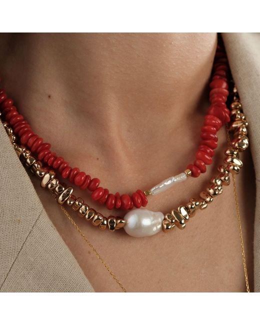 LINYA JEWELLERY Red Amorphous Baroque Pearl Coral Necklace