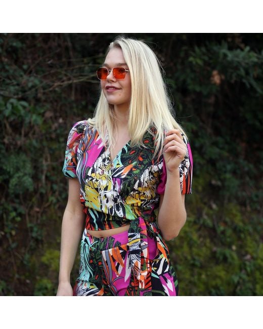 Lalipop Design Multicolor Double-Breasted Blouse With Abstract Floral-Print