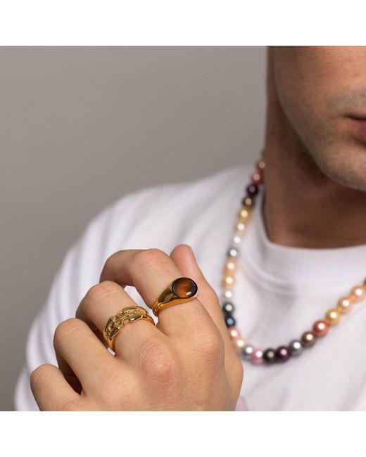 Nialaya Metallic Oval Signet Ring With Tiger Eye for men